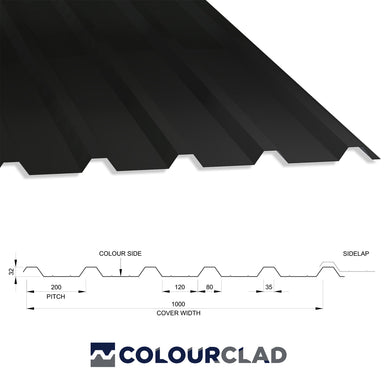 32/1000 Box Profile 0.7 PVC Plastisol Coated Roof Sheet Black (00E53) 1000mm Width With Anticon