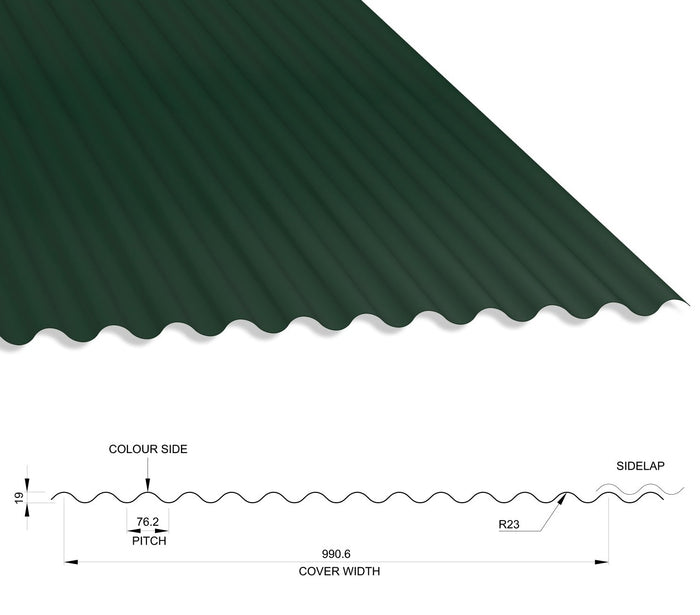 13/3 Corrugated 0.5 Thick Polyester Paint Coated Roof Sheet Juniper Green (12B29) 1000mm Width