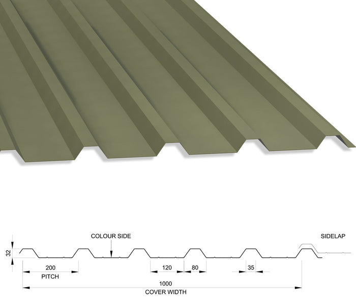 32/1000 Box Profile 0.5 Thick Polyester Paint Coated Roof Sheet Olive Green (12B27) 1000mm Width