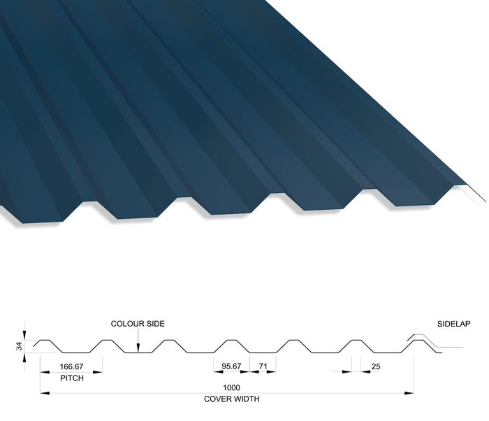 34/1000 Box Profile 0.7 PVC Plastisol Coated Roof Sheet Slate Blue (18B29) 1000mm Width