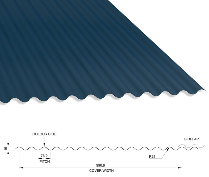 13/3 Corrugated 0.5 Thick PVC Plastisol Coated Roof Sheet Slate Blue (18B29) 1000mm Width
