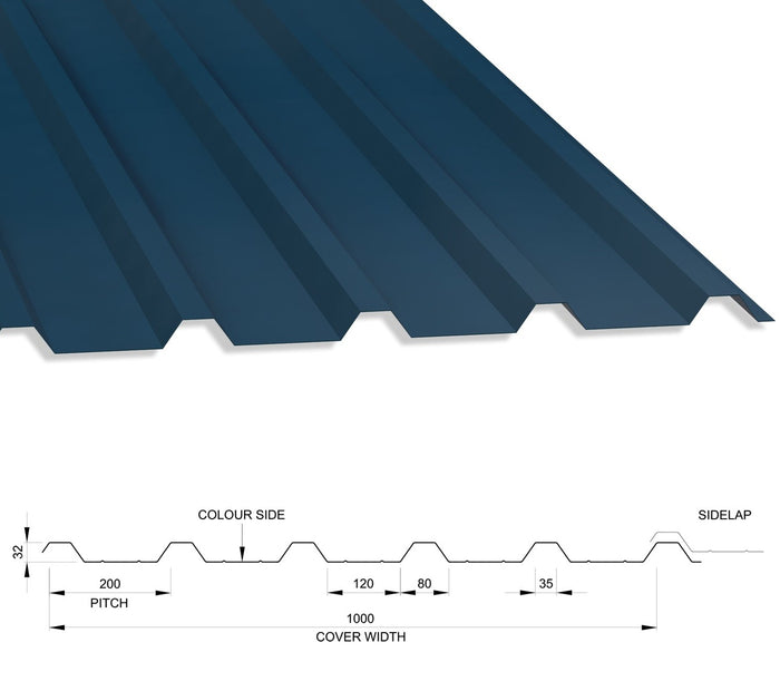32/1000 Box Profile 0.5 Thick Polyester Paint Coated Roof Sheet Slate Blue (18B29) 1000mm Width